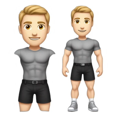 To belt Pale skinned Fit Man With the biceps and light brown hair in black shirt, gray sports shorts and white Sneakers Writing text on the flipchart sticker