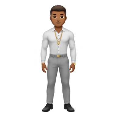 Handsome Black guy with brown skin tone, with lean muscular build, wearing gray slacks, a long sleeved white button up top, black shoes, and a small gold chain sticker
