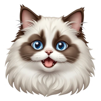cinematic-adorable-big-eyed-fluffy-dark brown and white ragdoll-cat-portrait-emoji,-head-tilted-playfully-with-a-cute,-yawn,-soft-brown-and white-colored-fur-with-darker-points-on-the-ears,-simplified-yet-irresistibly-cute-features, sparkling blue eyes sticker