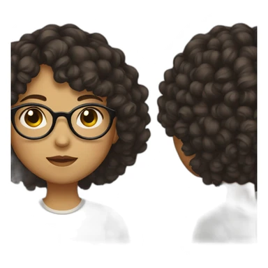 girl with short curly dark brown hair and bangs and she has glasses sticker