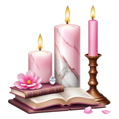 Aesthetic candles, flower petals, books, marble stand, crystal stones sticker