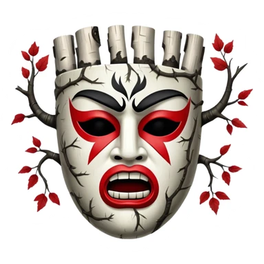 birch tree male mask in kokoshnik expressing anger, white, black and red palette, the texture has black marks sticker
