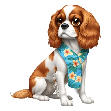 A cavalier King Charles spaniel with a lazy eye wearing a Hawaiian shirt sticker
