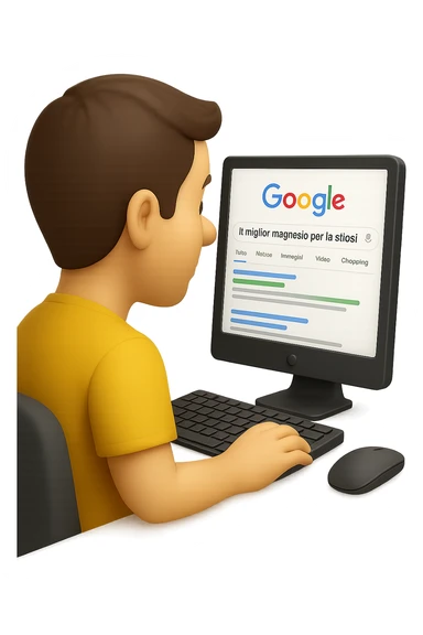 emoji stile iphone di un uomo davanti al pc che cerca di google: "Il miglior magnesio per la stipsi", iperrealistico 4k sticker