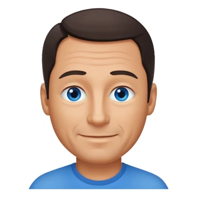 Middle aged man with tanned skin, receding dark hair and no beard, blue eyes, shy smile sticker
