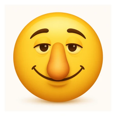 Create a yellow smiley face emoji with a nose exactly like the reference image. Match the facial expression and style, but as a classic emoji face in the style of classic yellow emojis. Add a soft shadow under the nose. sticker