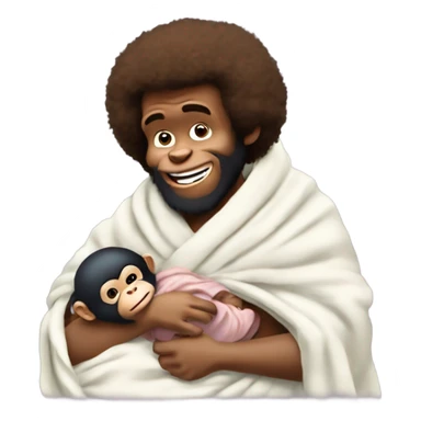 Human Bob Ross bottle feeding a new born baby chimpanzee wrapped in a blanket sticker