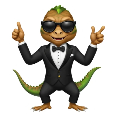 capitalist iguana banker in tuxedo and black sunglasses dancing crazy thumb up sticker