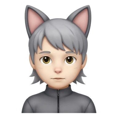 Boy in gray cat suit with tail and ears sticker