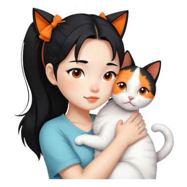East Asian girl with high ponytail black hair hugging a predominantly white cat with orange patches, sweet and gentle, cute facial expressions sticker