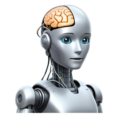 An icon featuring a humanoid robot, a neural network diagram, and a glowing brain, symbolizing artificial intelligence. The design includes binary code, a microchip, and data flow lines, representing machine learning, automation, and innovation. Transparent background sticker