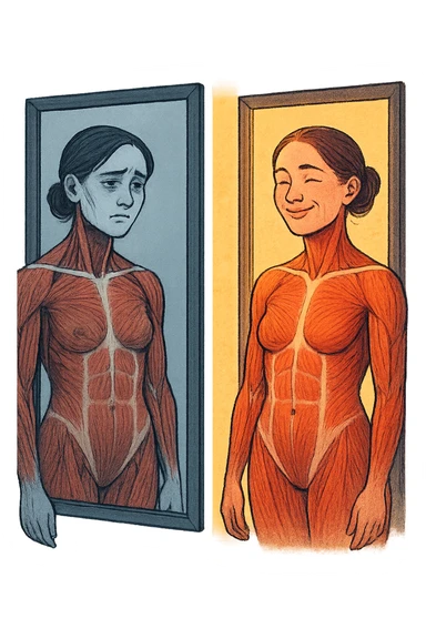prima parte mostra donna con espressione triste che si guarda allo specchio, anatomia realistica, seconda parte la stessa donna che sorride accettando se stessa, stessa fisicità ma atteggiamento trasformato, illuminazione che passa da fredda a calda, metafora visiva dell'auto-accettazione, stile artistico contemporaneo sticker