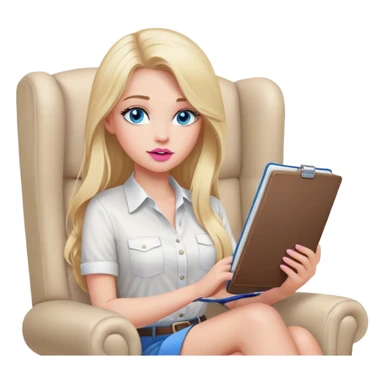 Cinematic realistic blonde with long hair, blue eyes and pink lips, sitting in a beige armchair with a notebook and pen in her handsshirt, sits in a beige armchair with a notebook and pen in her hands sticker