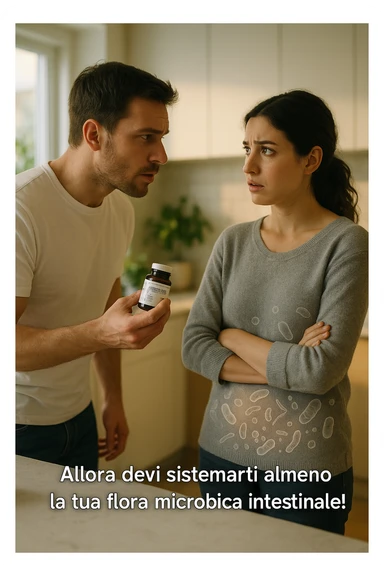 A hyper-realistic, cinematic photo of a young couple in their early 30s having a tense but calmer discussion in a bright modern kitchen. The man, fit, wearing a plain white T-shirt, holds a small probiotic supplement bottle in one hand, leaning slightly forward with a concerned yet firm expression, saying: 'Allora devi sistemarti almeno la tua flora microbica intestinale!' The woman, with dark hair in a loose ponytail, wearing a comfortable home sweater, stands with arms partially crossed, looking at him with a doubtful and confused expression, eyebrows slightly raised, lips parted as if about to respond but uncertain. Around them, faint translucent overlays of microscopic gut flora and bacteria symbols swirl softly near the woman’s abdomen, symbolizing the issue of her imbalanced gut microbiome. The kitchen is bathed in warm natural light, with green plants adding a sense of health and life, while the couple remains in sharp focus. The color palette is warm, with soft shadows and shallow depth of field highlighting the emotional tension yet care in the conversation, visually representing the discussion about gut health within the relationship sticker