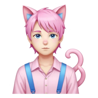 Pastel effeminate young femboy man with pastel pink shiny hair, pink cat ears, pastel yellow blouse, blue eyes, cute, gorgeous, anime, catboy, full body sticker