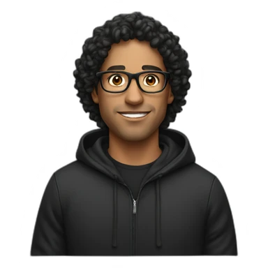 Latin man with glasses, curly hair, wearing a black hoodie sticker