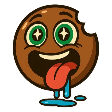 glossy exaggerated cartoon emoji face in chocolate brown, large green eyes looking up with sparkles, wide open mouth with a bite missing from the side, red tongue hanging out, blue drool dripping and pooling, showing intense hunger and excitement, clean white background, bold and fun mascot style sticker