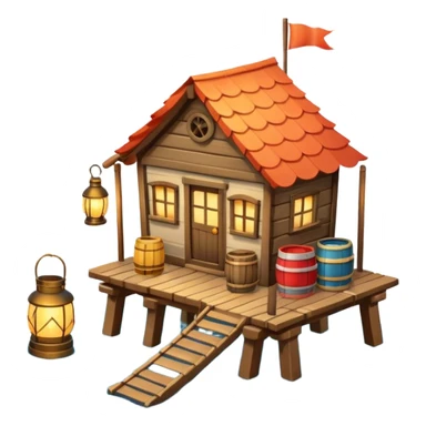 
fisherman house on a wooden pier, small dock, fishing nets hanging, barrels, lantern, ocean vibe, 3D cartoon, cute mobile game icon, clean background, no text
 sticker