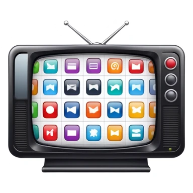 TV screen displaying a 2x2 grid of channels, each channel showing a different simple icon or color sticker