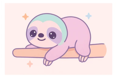 a sloth crawling slowly on a tree branch, looking sleepy, cute cartoon style sticker