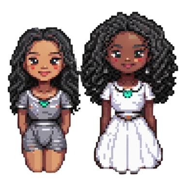 illustration of two women, one with light skin and one with dark skin, both with black curly hair, black eyes, full lips, smiling expression, pixel art style sticker