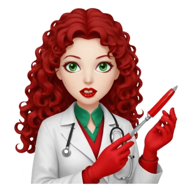Lilith symbol sexy evil woman. She has green eyes.  had brown long curly hair.  evil surgeon kills with scalpel wears red sexy doctor coat with red mouth cover red gloves. Covers nose, neck  and mouth with red face berka sticker