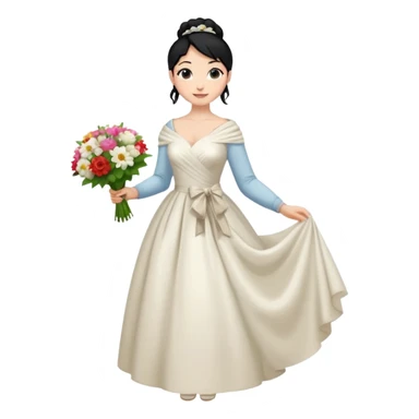 Chica blanca,cuerpo entero, vestido boda ,manga larga ,con estola, pelo negro,    ramo de flores una mano, pelo recogido en moño alto sticker