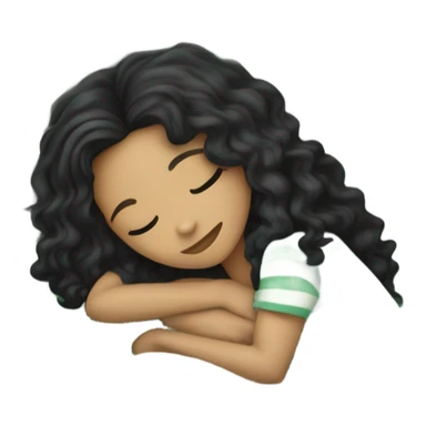 light skin color girl with long curly black hair sleeping in a bed with faded green striped comforters sticker