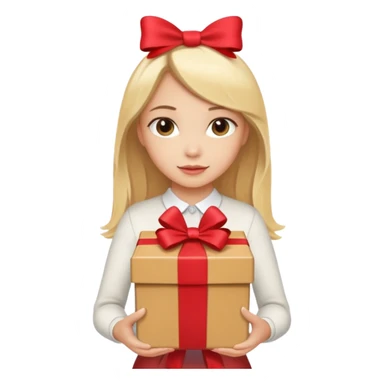 сгенерируй светловолосую девушку, держащую светло-коричневую подарочную коробку с бантиком sticker