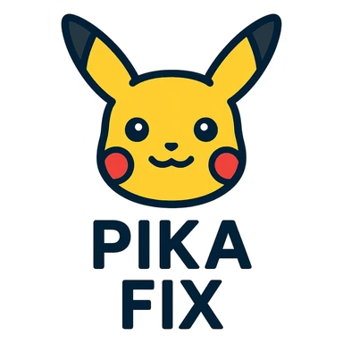 icon of Pikachu's head with the text 'PIKA' in uppercase below and 'FIX' in uppercase below that, clear and cute style sticker