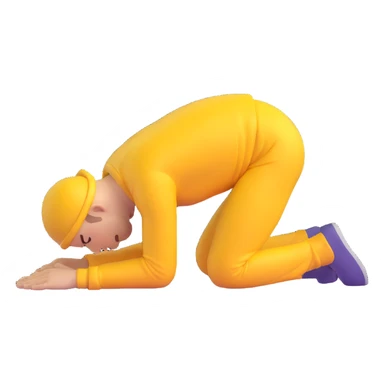 male in the 3-step prostrate pose: kneeling, bowing, full prostrate, 3D emoji style, 80% realistic sticker