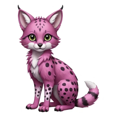 Cute kawaii cool edgy badass  soft magenta fur with pearly-white polka dots and subtle shimmer  fantasy-caracal-civet-genet-sergal-vernid-Gryphon-Cacomistle-Trico-oncilla-animal-Fakémon-hybrid-fursona (full body), facial markings, (realism style) sticker