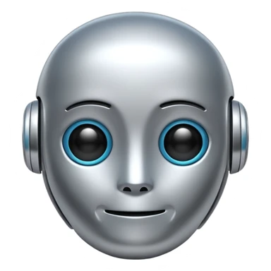 A cute futuristic robot emoji made of silver chrome, rounded friendly body, minimal facial features, glossy metallic surface, soft reflections, iOS emoji style, centered, clean white background sticker