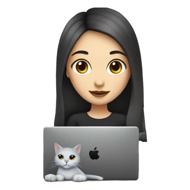 A white skin girl with black hair is working at the laptop with a coffee and a grey cat sticker