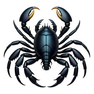 Cinematic Noble Emperor Scorpion Portrait Emoji, Poised and formidable, with a robust, armored build and a glossy, jet-black exoskeleton accented by striking, segmented pincers, deep-set piercing eyes, Simplified yet sharp and sophisticated features, highly detailed, glowing with a cool, dignified glow, high shine, intelligent and imposing, stylized with an air of ancient desert majesty, focused and attentive, soft glowing outline, capturing the essence of a watchful and commanding scorpion that feels as though it could silently creep out of the screen with effortless authority! sticker
