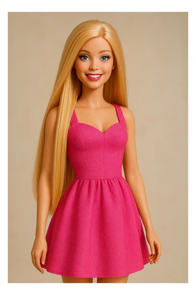 Barbie doll with long straight blonde hair, pink dress, smiling, standing pose sticker