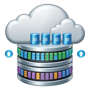 An icon featuring a database server, stacked data disks, and a cloud symbol, representing databases. The design includes binary code, a data structure diagram, and network connections, symbolizing data storage, management, and organization. Transparent background sticker