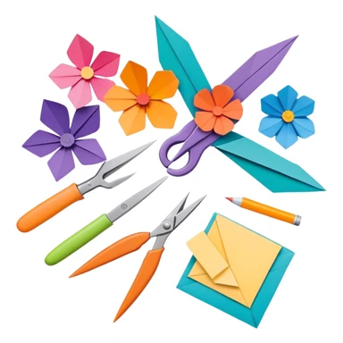 Paper crafting icon, various paper crafts like origami, 3D paper flowers, and scrapbooking materials, visible tools such as scissors, glue stick, and colour paper sheets, colorful paper patterns, minimalistic style, clean lines, transparent background. sticker