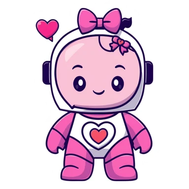 adorable pink robot girl with a hair bow and heart patterns sticker
