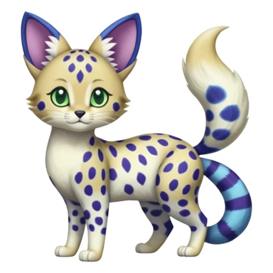 Exotic tropical shiny cute realistic Cobalt-Blue green purple black white Purloin-Meowstic-Minccino-Cinccino-cheetah-Skitty-Delcatty-serval-furret-Noibat-caracal-fusion-hybrid-creature (full body) sticker