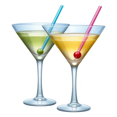 two realistic glasses of cocktail in emoji style,  martini glass shape, no straw, no fruit, no ice, no Cocktail sticks sticker