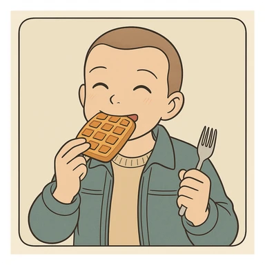 Eleven from Stranger Things eating a waffle, shaved hair, wearing a jacket, happy expression, simple line art with light pastel tones and thick outlines, in Ghibli style, 1:1 format, inspired by the provided references. sticker