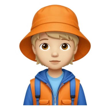 A little student with beige bucket hat, orange jacket, blue backpack sticker