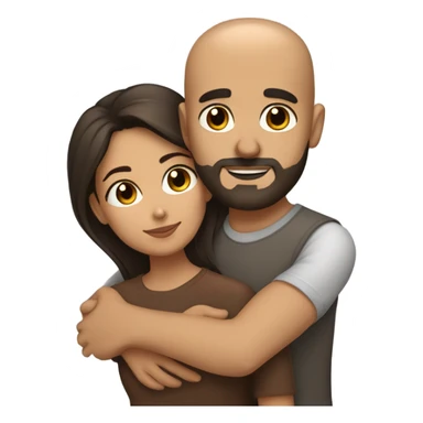 Comforting hug from brunette Puerto Rican with dark brown eyes to short, bald man with brown eyes and a beard sticker