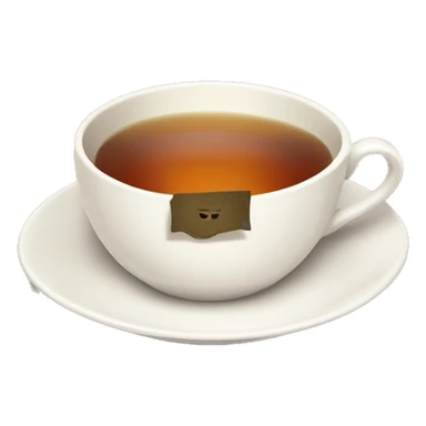 A cup of tea with a tea bag tag hanging off the side, resting on a saucer sticker