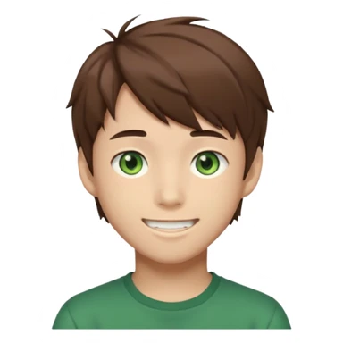 Discord emoji. the face of an Anime asian style teen boy with brown hair, green eyes, looking smiling slightly sideways positioned. Face must be main filling of the frame.  128px sticker