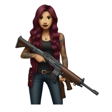 Beautiful tattooed burgundy long haired woman with a gun sticker