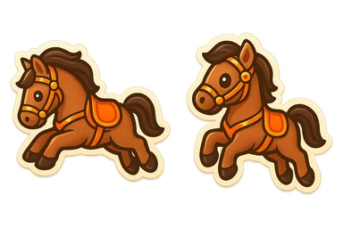 Create a cute emoji style illustration of a Hermès-style horse jumping with an orange and gold harness. The design should be luxurious and include an alternate pose. Use a white or transparent background. sticker