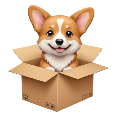  A very cute young corgi  with one's head tilted to one side poked its paws out of the cardboard big box and placed them on top of it sticker