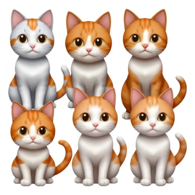 six cats of different colours: 1 small ginger and white, 1 small brown tabby and white, 1 small grey and white, 1 big grey and white, 1 mostly grey with white paws and small white patch on chest and 1 calico sticker